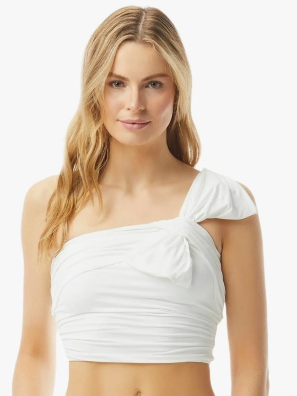 Carmen Marc Valvo White One-Shoulder Ruched Cropped Top